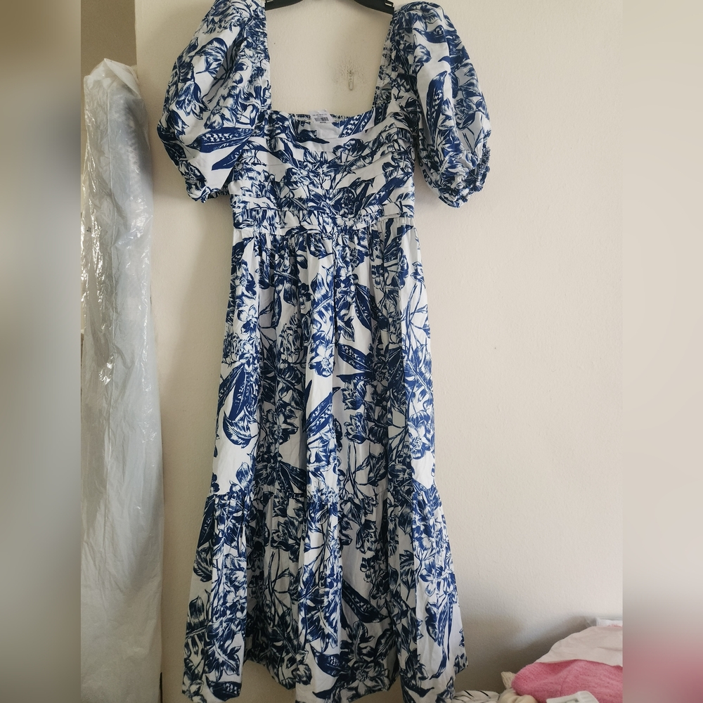 ABERCROMBIE Emerson Poplin Puff Sleeve Midi Dress Whitefloral/blue. NO L… - Picture 5 of 15